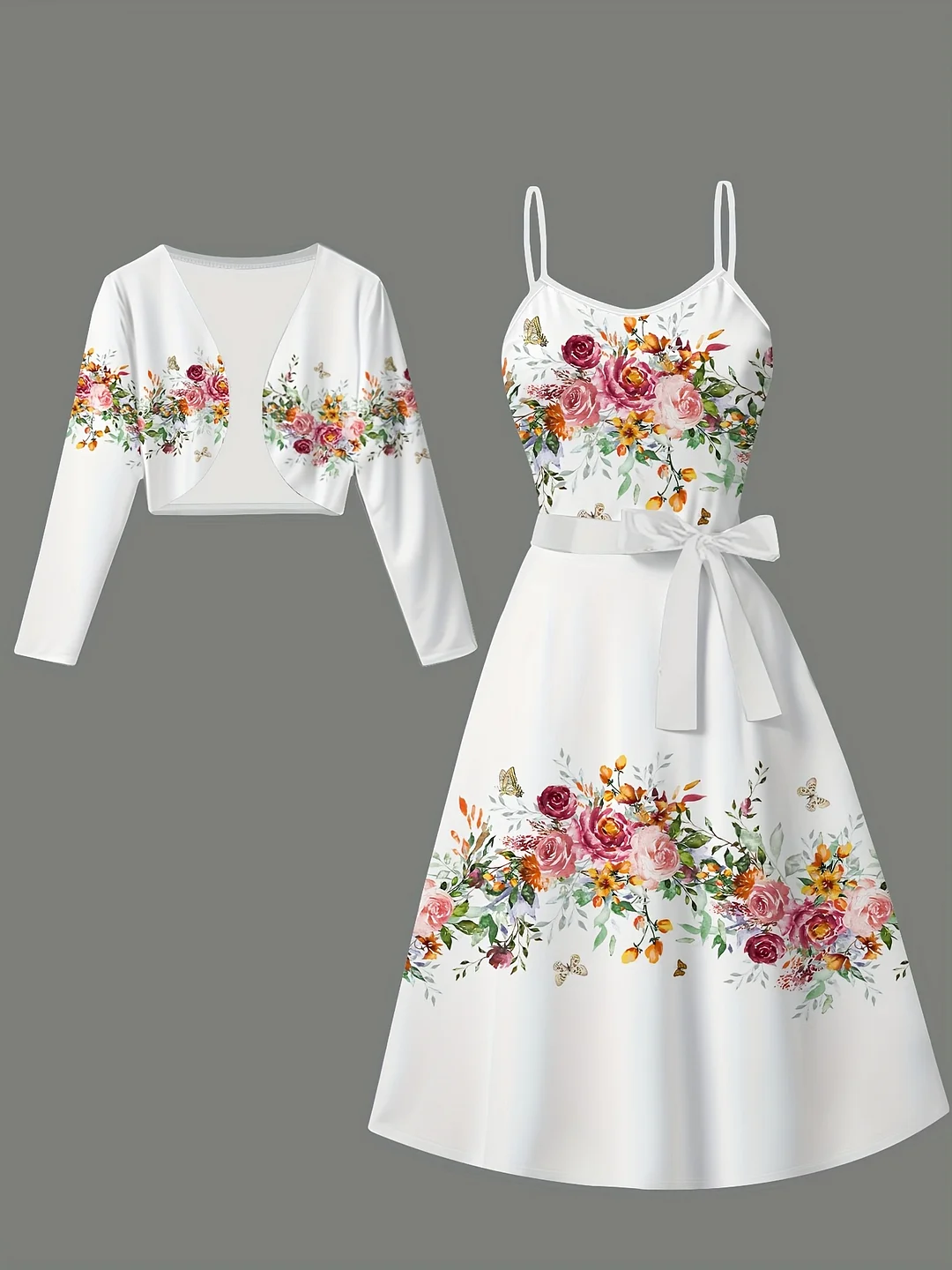 [Floral Print Jacket Set] Floral Print Jacket Set - Elegant Women's Long Sleeve Cropped Jacket + Belt + Cami Dress with Vibrant Floral Print - White with Colorful Flowers, Green Leaves & Butterflies, Perfect for Spring & Summer, Spring Fashion