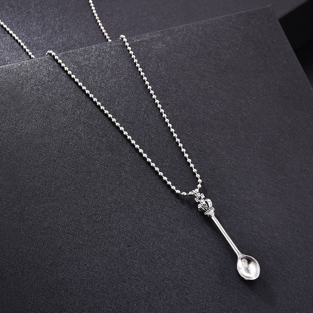 Men's Silver Crown Mini Tea Spoon Shape Pendant Necklace-VESSFUL