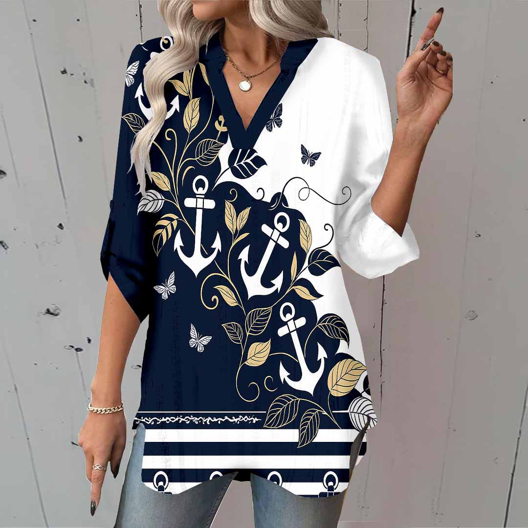 Women Floral,Black,Anchor DZGA0796 3/4 Sleeve V-neck Printed Graphic Button Tops