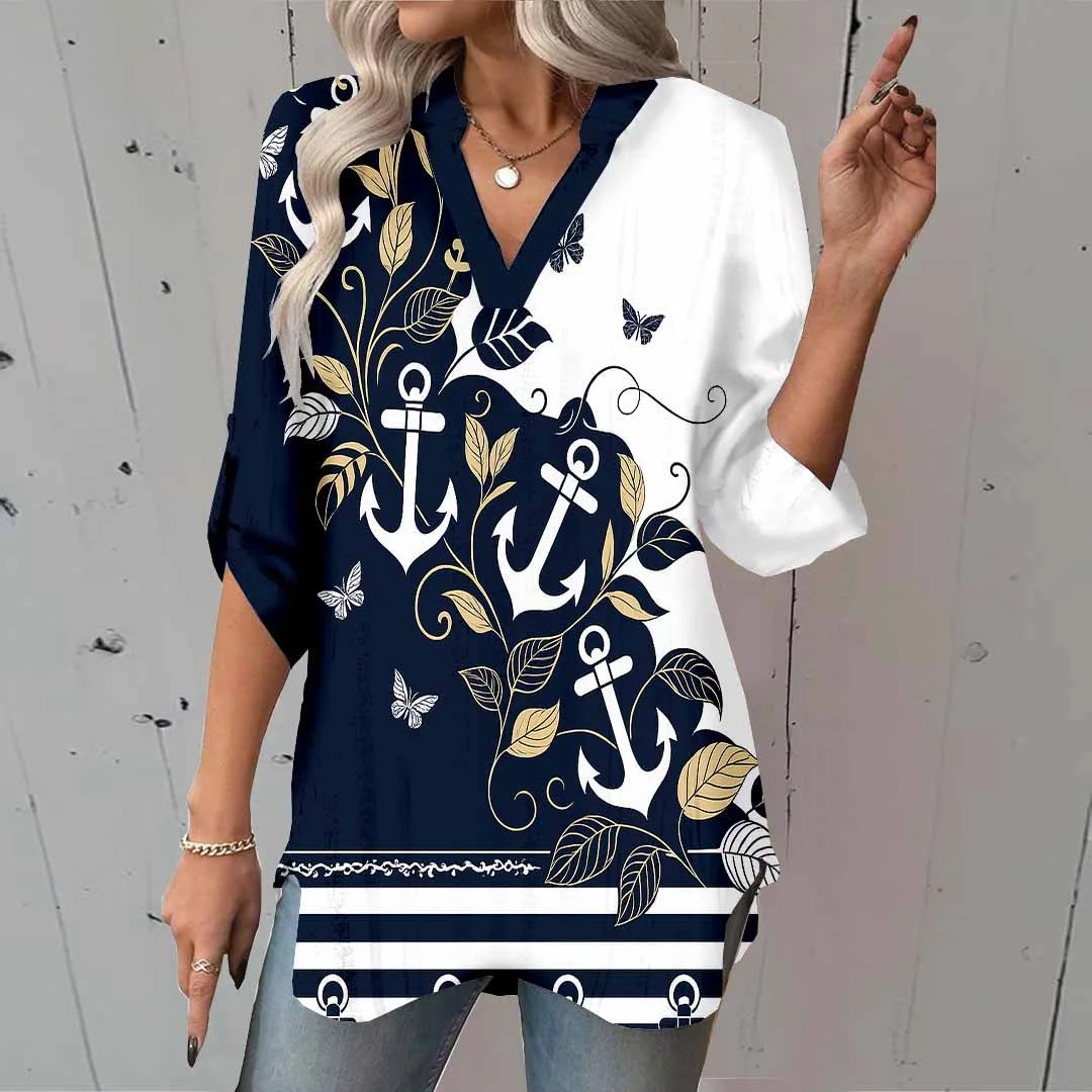 Women Floral,Black,Anchor DZGA0796 3/4 Sleeve V-neck Printed Graphic Button Tops