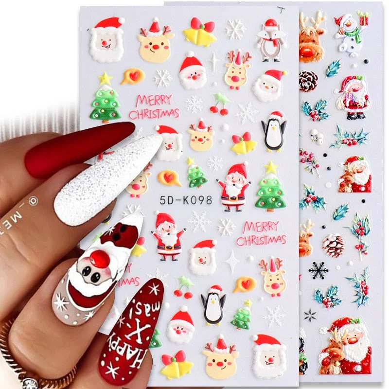 5D Winter Christmas Embossed Manicures Stickers Nail Art Decoration Bird Snowflakes Festive Design Xmas Decals For Manicuring