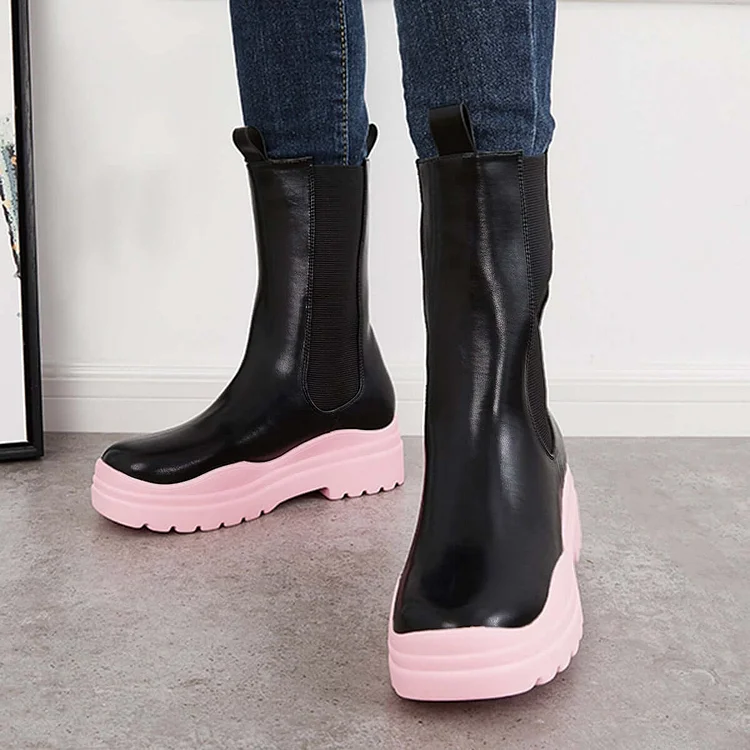 Platform Lug Sole Mid Calf Chelsea Boots Chunky Block Heel Booties