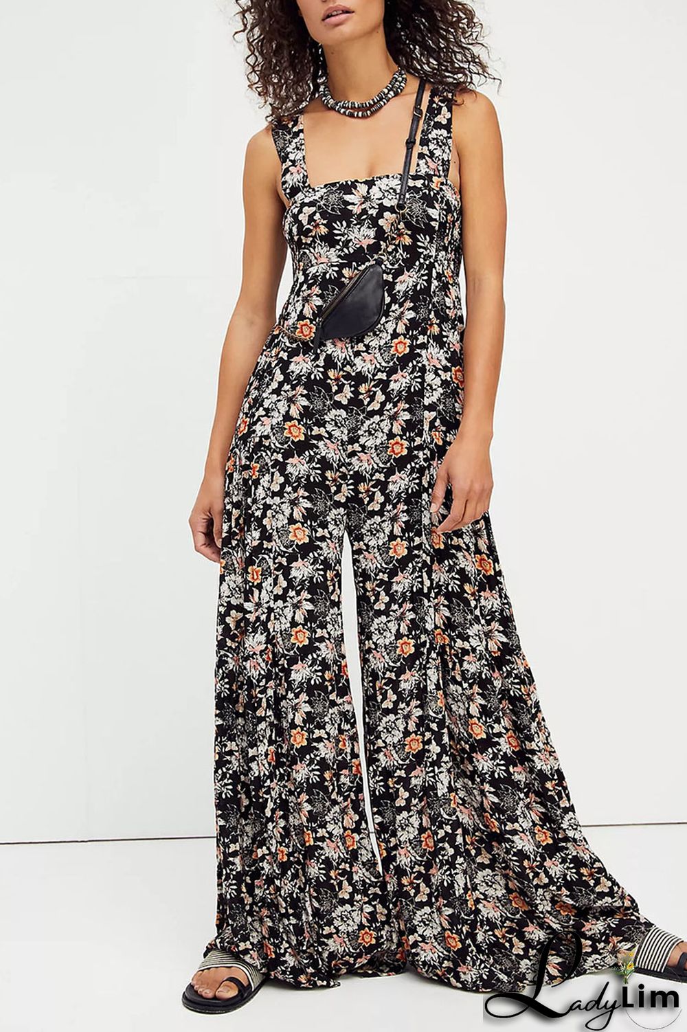 Burgundy Casual Print Split Joint Straight Jumpsuits