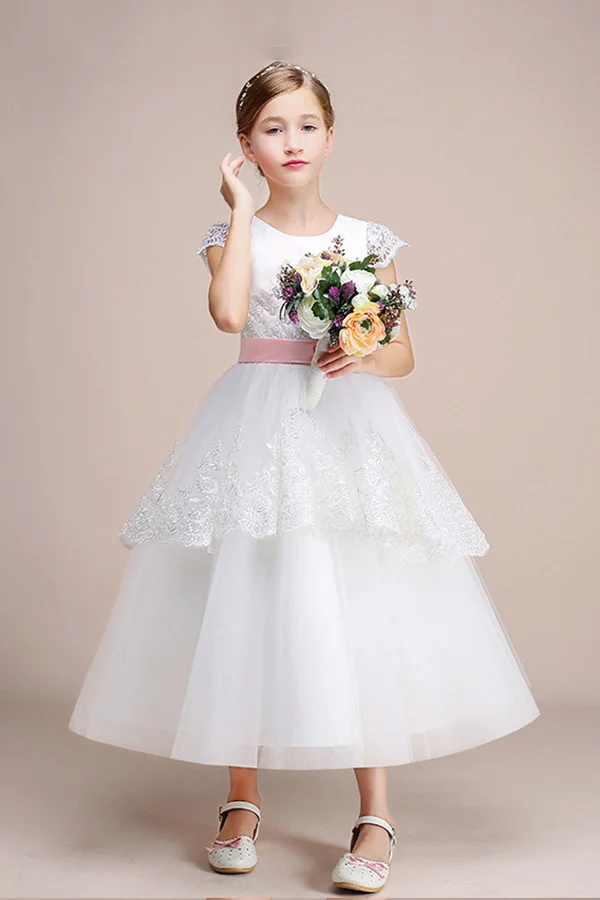 Hellodresses Lovely Jewel Cap Sleeves Flower Girl Dress Tulle
