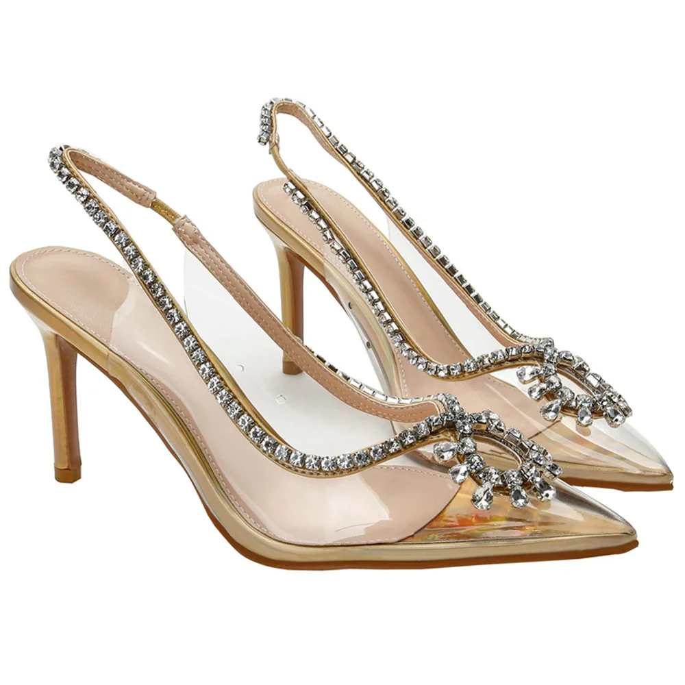 85mm Women's Stiletto Heel Sling Back Pumps Pointed Toe Diamond High Heels Sandals Summer Banquet Daily Wedding Shoes-MERUMOTE