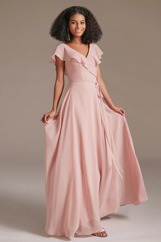 Ruffles Pink Chiffon V-Neck Bridesmaid Dress | Ballbellas Ballbellas