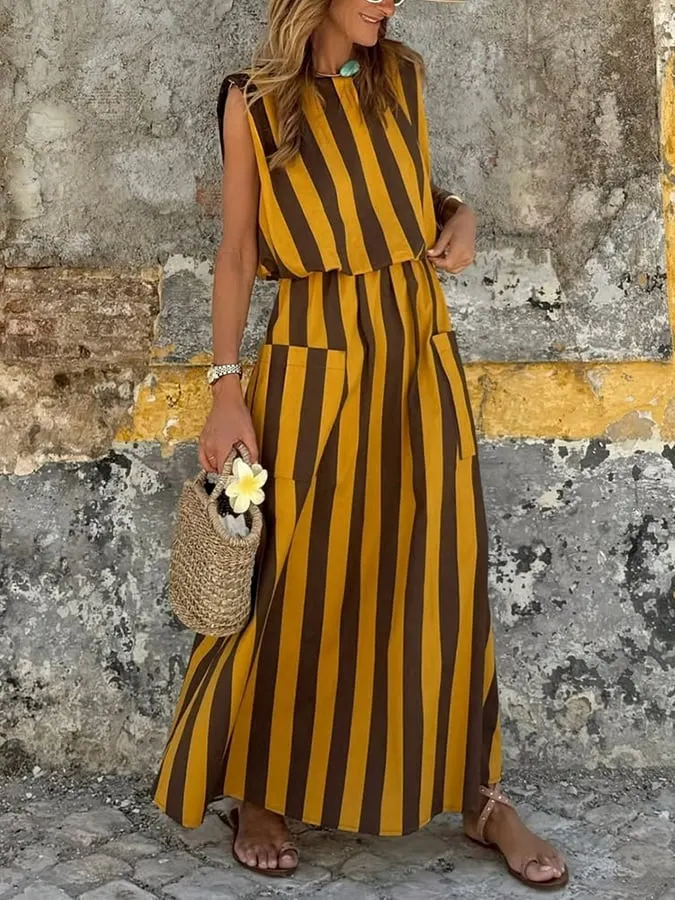 Women's Casual Resort Striped Sleeveless Cotton and Linen Skirt Suit 