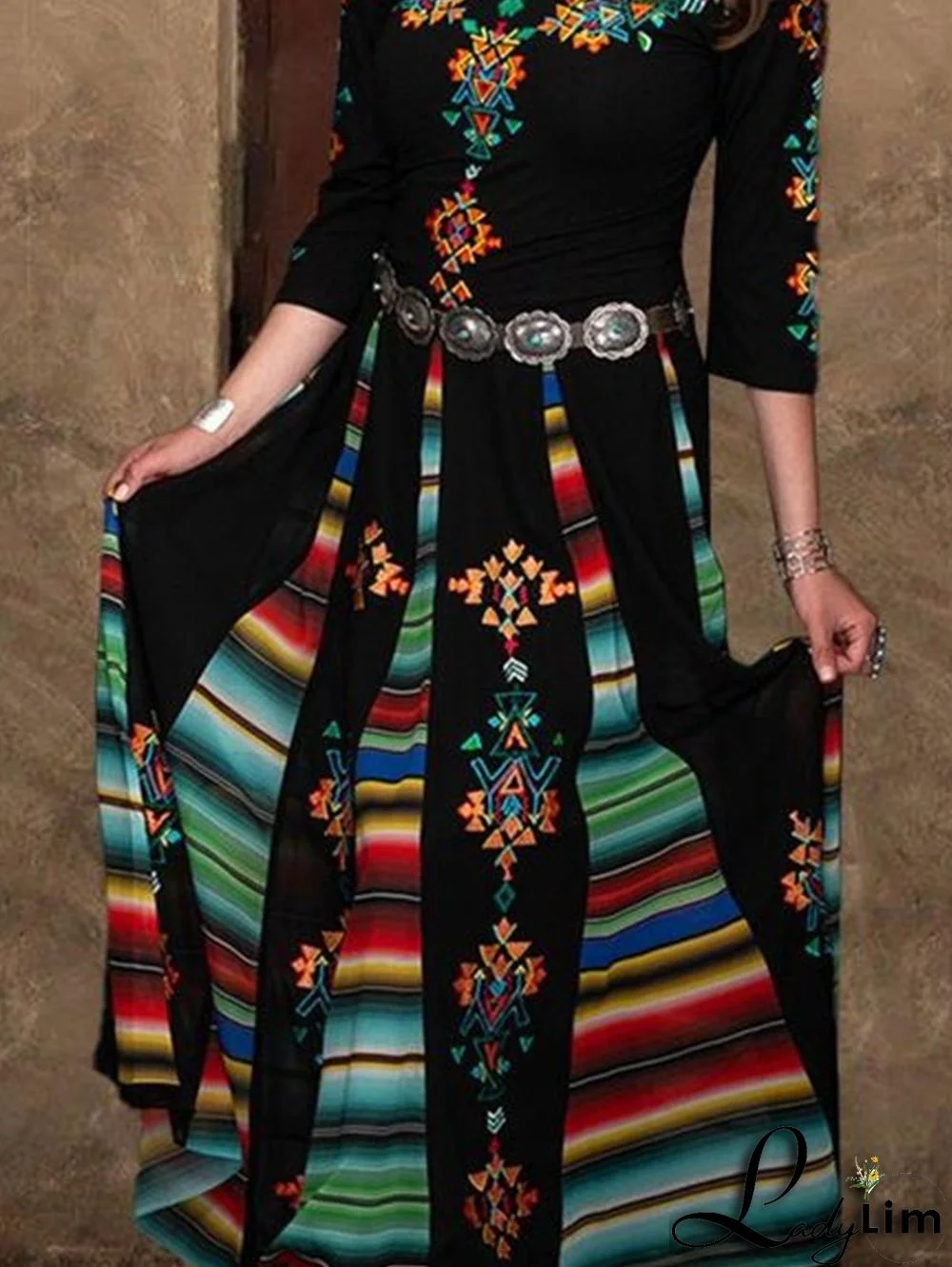 Casual Ethnic Print Off Shoulder Half Sleeve Midi Dress