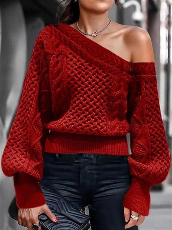 Pullover Inclined Shoulder New O-Neck One-Shoulder Knitted Sweater