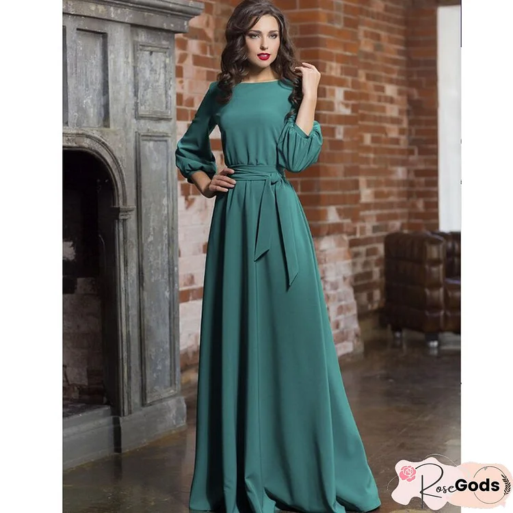 Casual O-Neck Belt A-Line Long Dress Autumn Lantern Sleeve High Waist Elegant Party Floor-Length Dresses For Women