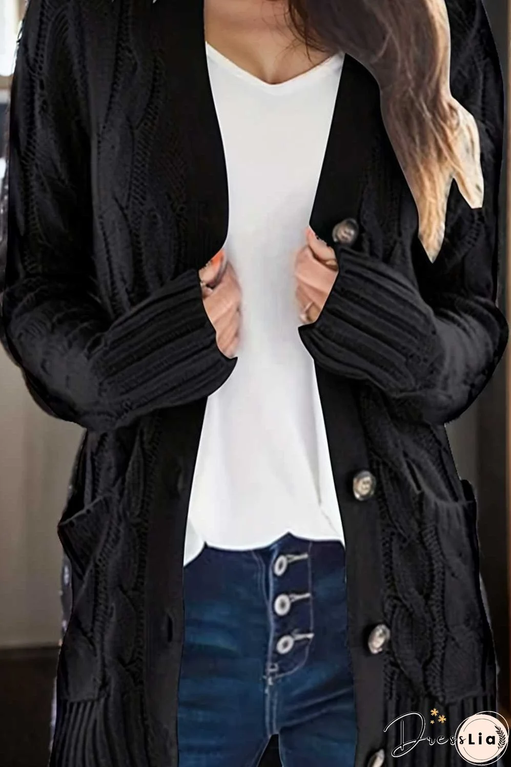 cozy cable knit button front long sleeve cardigan