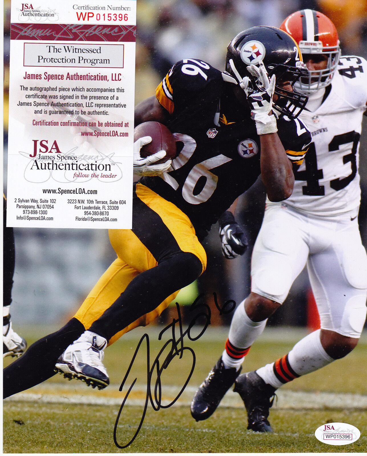 LE'VEON BELL PITTSBURGH STEELERS JSA AUTHENTICATED ACTION SIGNED 8x10