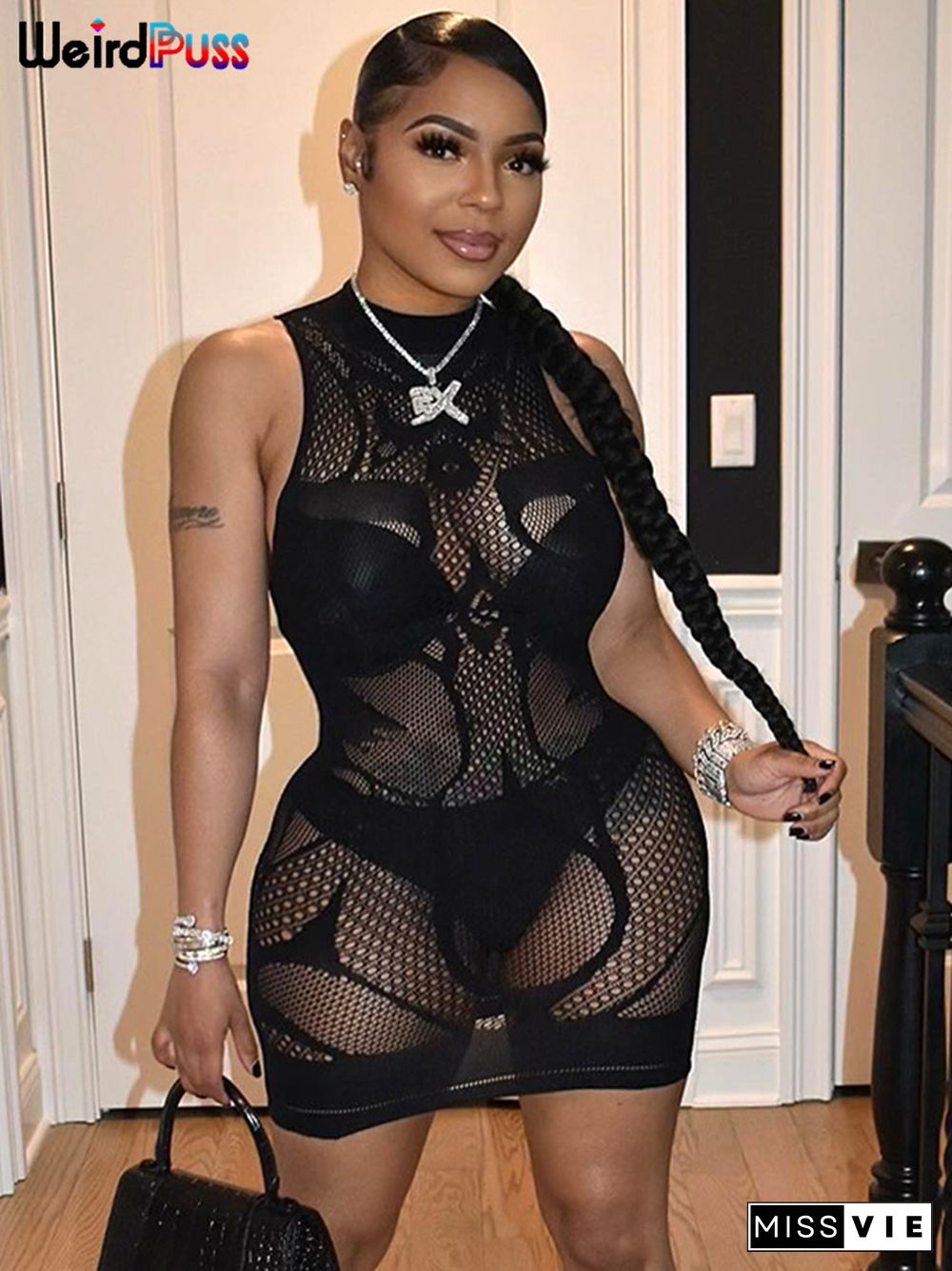 Weird Puss Hollow Sexy Dress Women Midnight Party See Through Elastic Skinny Mini Bodycon Solid Round Neck Sleeveless Clubwear