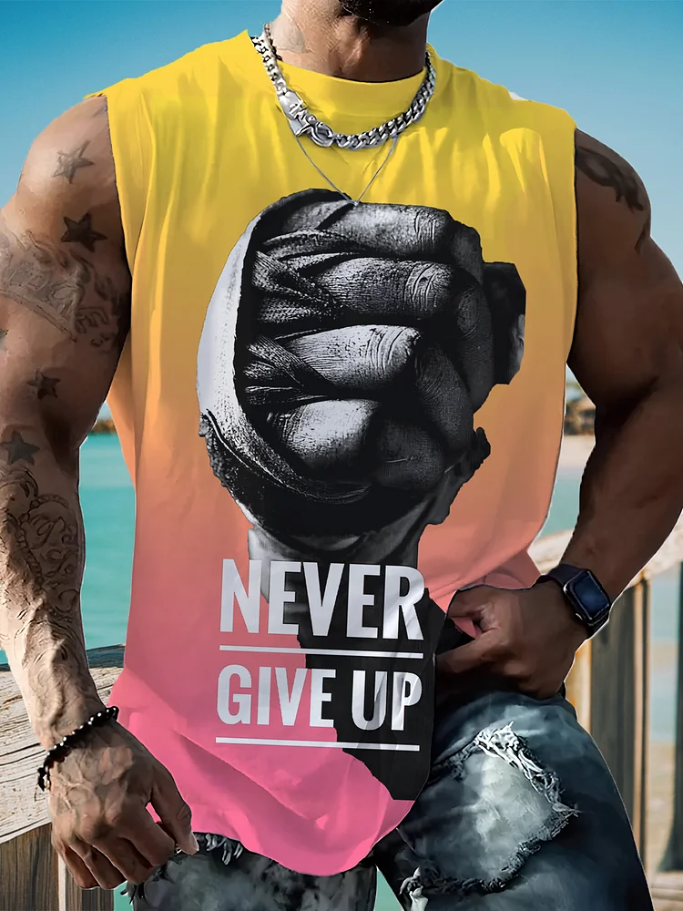 Men's Never Give Up Gradient Art Printed Tank Top