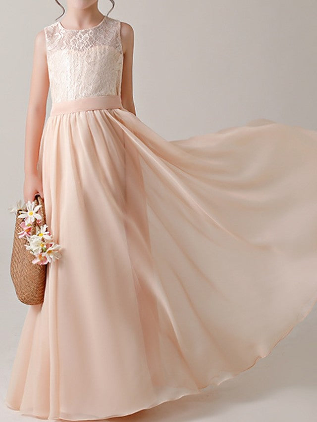 Oknass A-Line Floor Flower Girl Dress Sleeveless Jewel Neck With Lace Sash  Ribbon