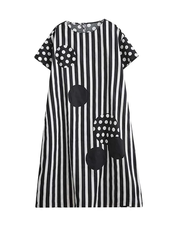 Loose Short Sleeves Polka-Dot Striped Round-Neck Midi Dresses