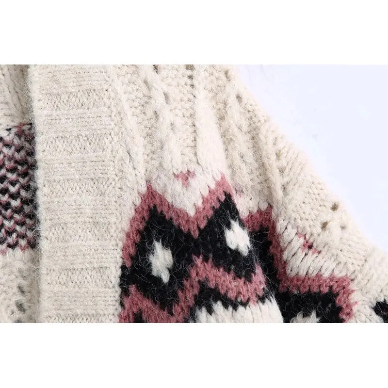 Floral Argyle Jacquard Cardigans Women Fashion Chic Hollow Out Knitted Sweater Female V-Neck Buttons Sweaters
