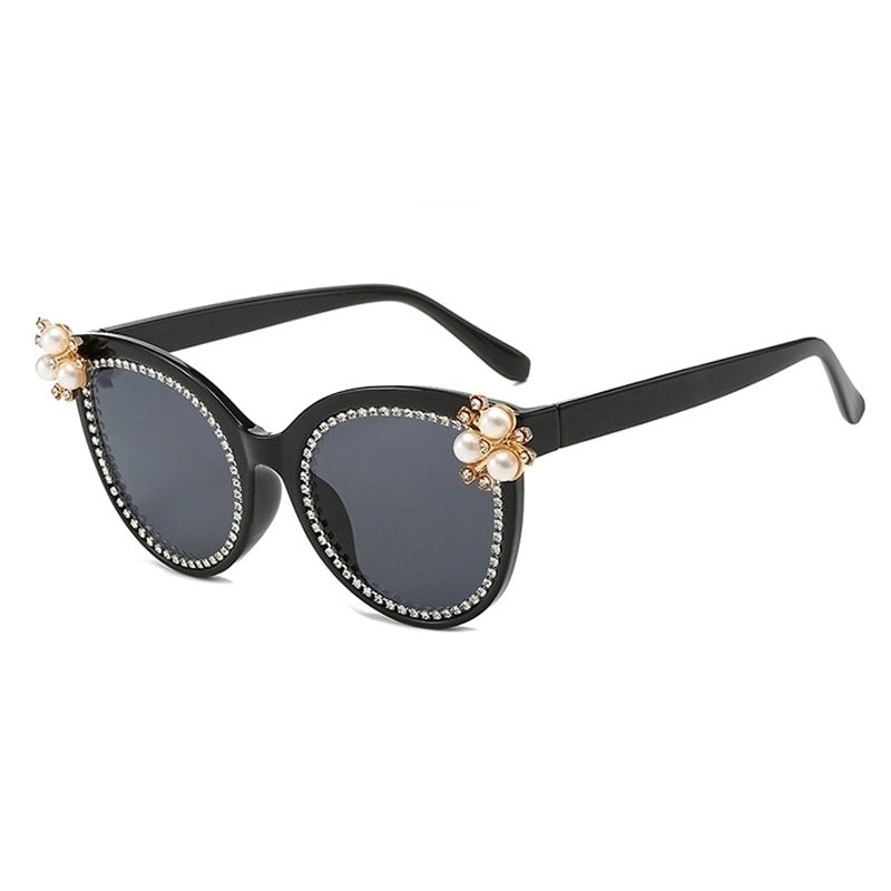 Elegant Color Block Pc Cat Eye Inlaid Pearls Inlaid Zircon Full Frame Women’s Sunglasses
