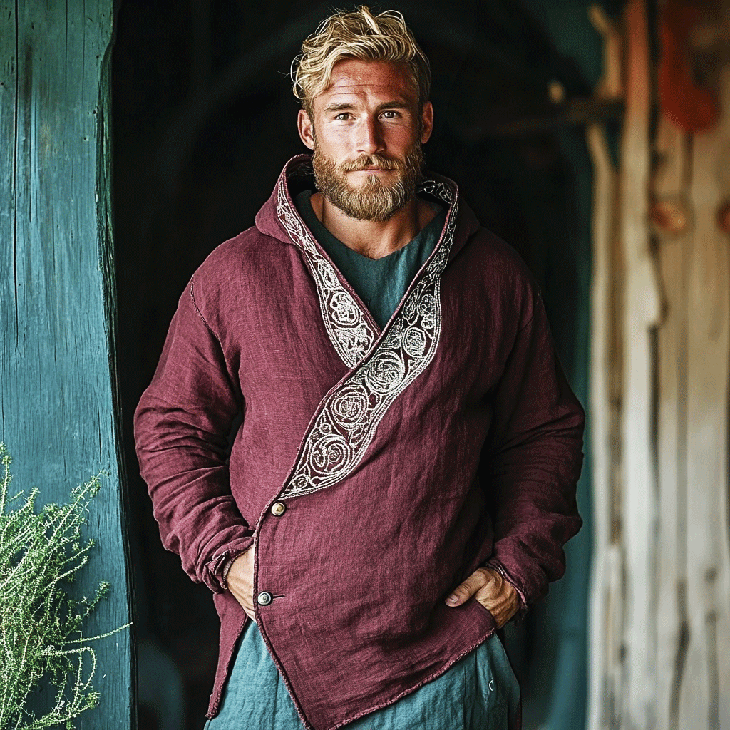 Men's Linen Bohemian Asymmetric Hooded Jacket-inspireuse