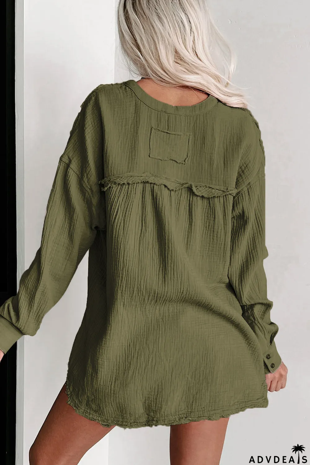 Crinkle Long Sleeve Distressed Split Henley Top