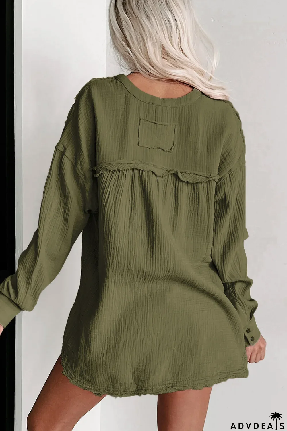 Crinkle Long Sleeve Distressed Split Henley Top