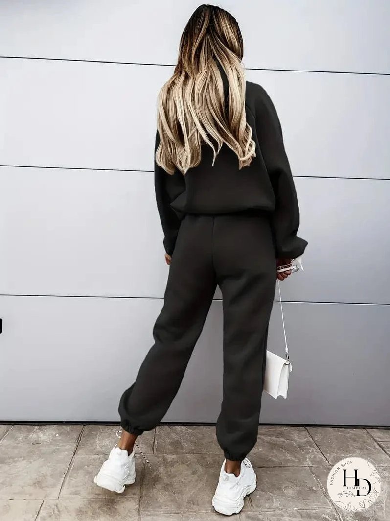 Casual Solid Long Sleeve Hooded Shirts & Slant Pocket Jogger Pants Sports Set