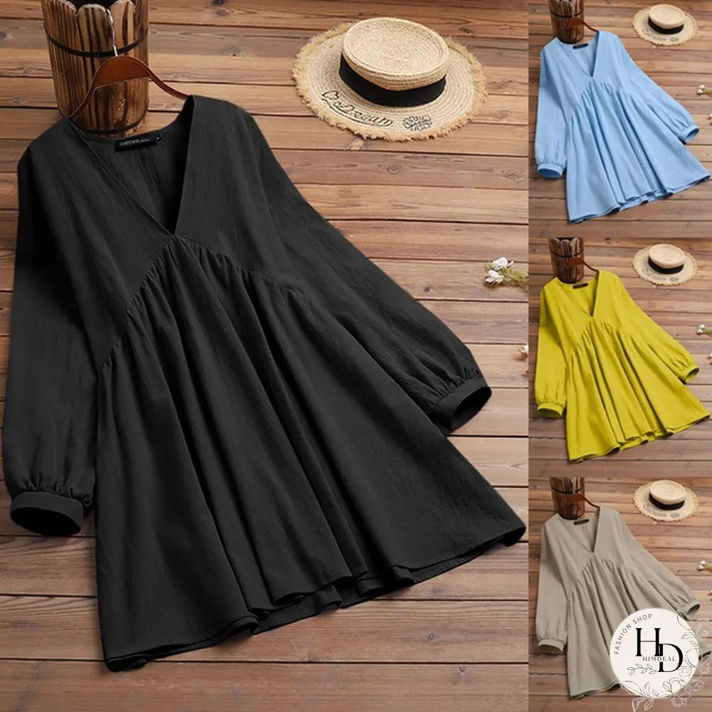 Womens Spring & Autumn Long Dress Tunic Lantern Sleeve Necklace Cotton Linen Casual Loose