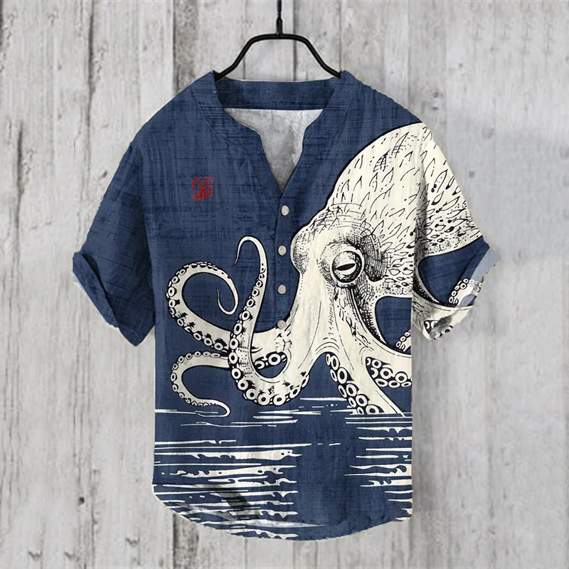 Japanese Art Vintage Octopus Graphic Sea World Linen V-Neck Shirt