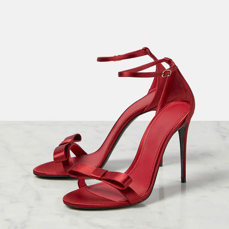 Red Satin Open Toe Ankle Strap Stiletto Heels Elegant Bow Sandals |FSJ Shoes