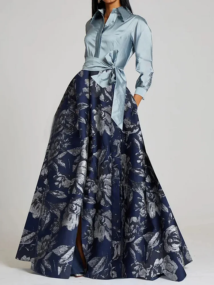 Elegant Patchwork Floral Bowknot Pocket Turndown Collar Maxi Dress