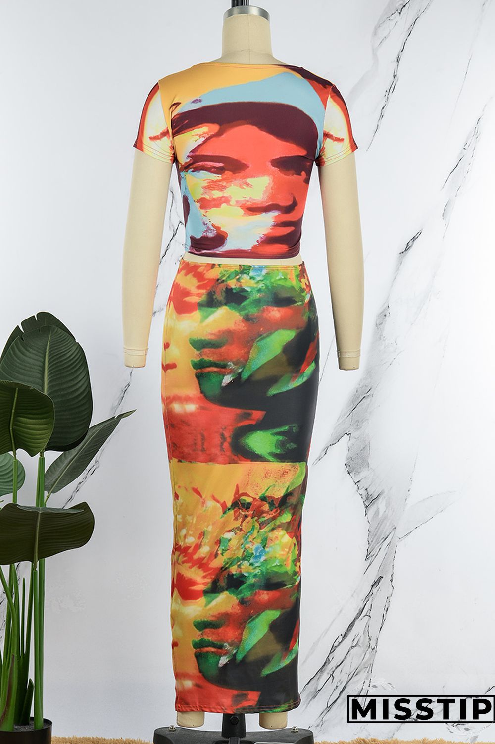 Colour Sexy Print Basic O Neck Short Sleeve Two Pieces