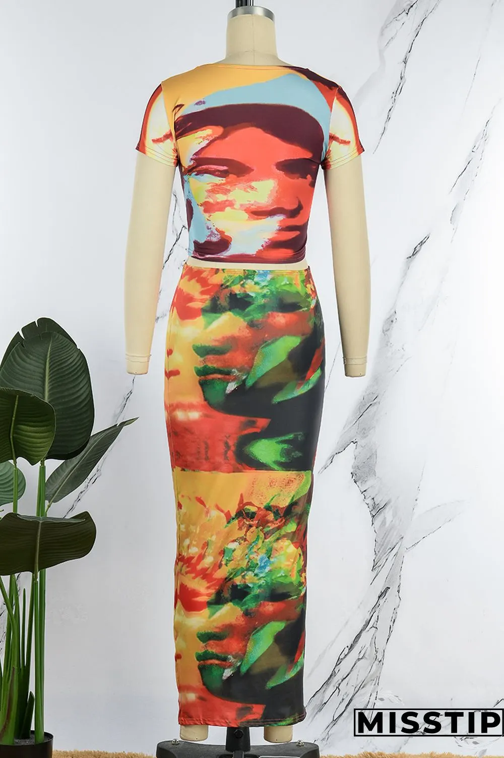 Colour Sexy Print Basic O Neck Short Sleeve Two Pieces
