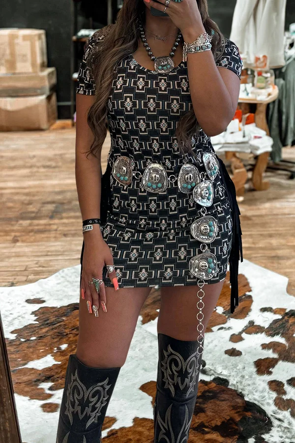 Vintage Western Print Side Fringe Dress