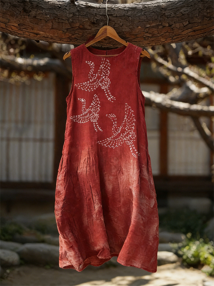 Japanese Cranes Sashiko Art Flowy Linen Tank Dress wearshes