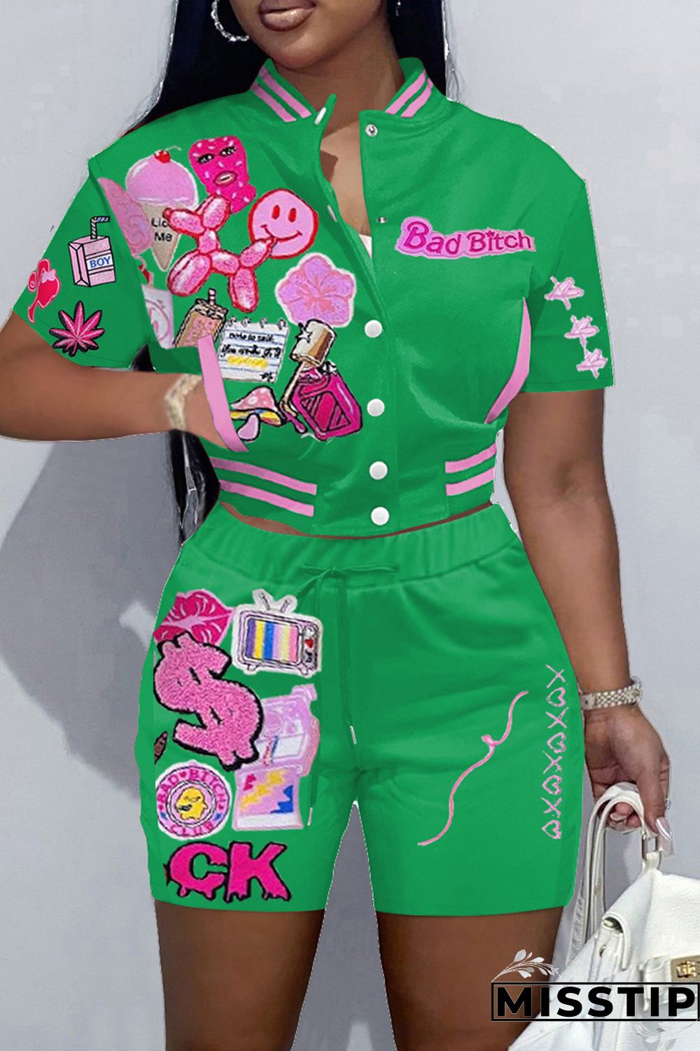 Green Casual Print Patchwork Short Sleeve Two Pieces