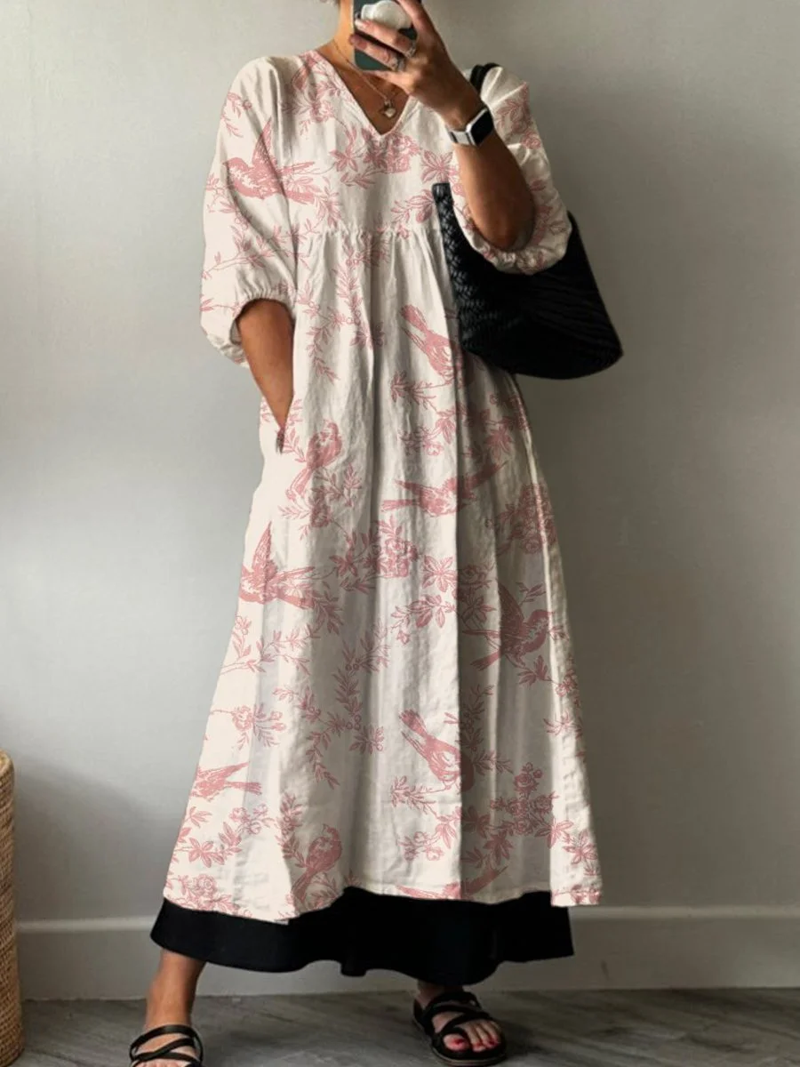 Retro Print Pocket V-neck Cotton Dress