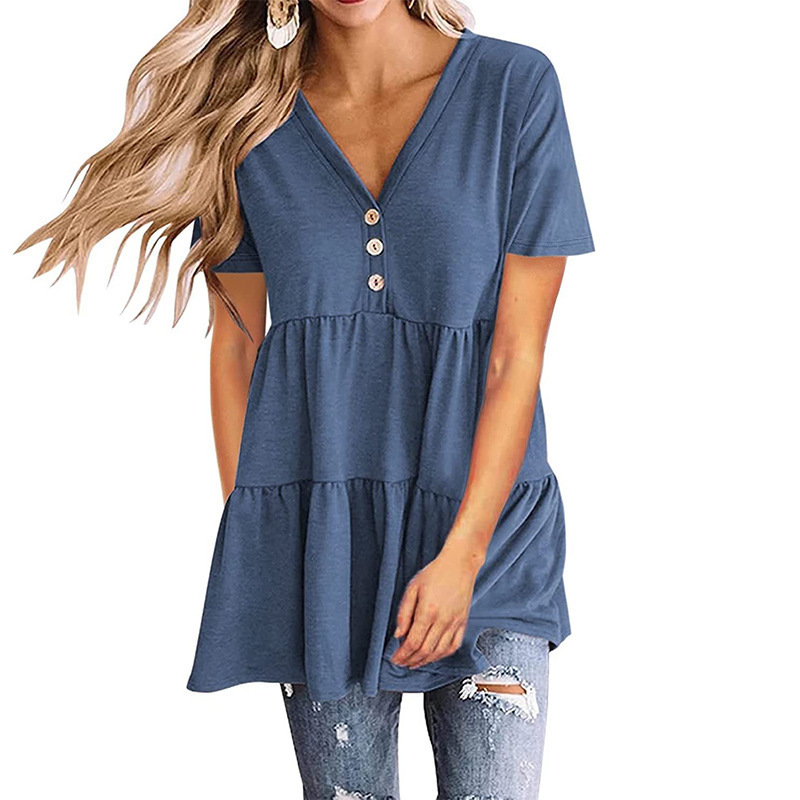 Women's Summer V-Neck Short Sleeve Pullover Solid Color Patchwork Top Casual Loose Button Tee Shirts Tops