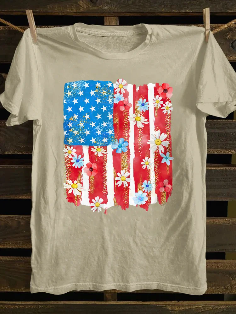 Flower Brushstroke America Flag T-shirt