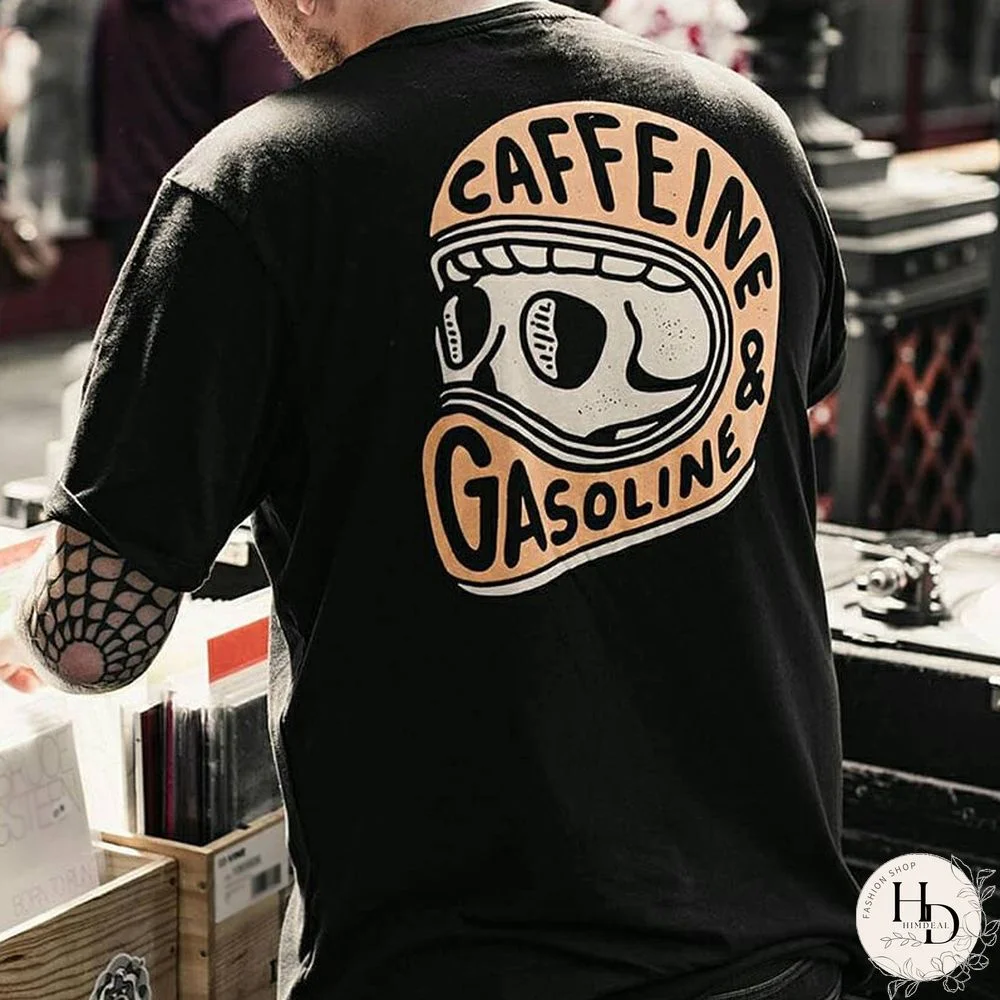 Caffeine & Gasoline Skull Print Black T-Shirt