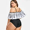 Plus Size Swimwear Women Feather Printed Open Shoulder Large Size 1 One Piece Swimsuit Plus Size Bodysuit Large Size 3XL 4XL