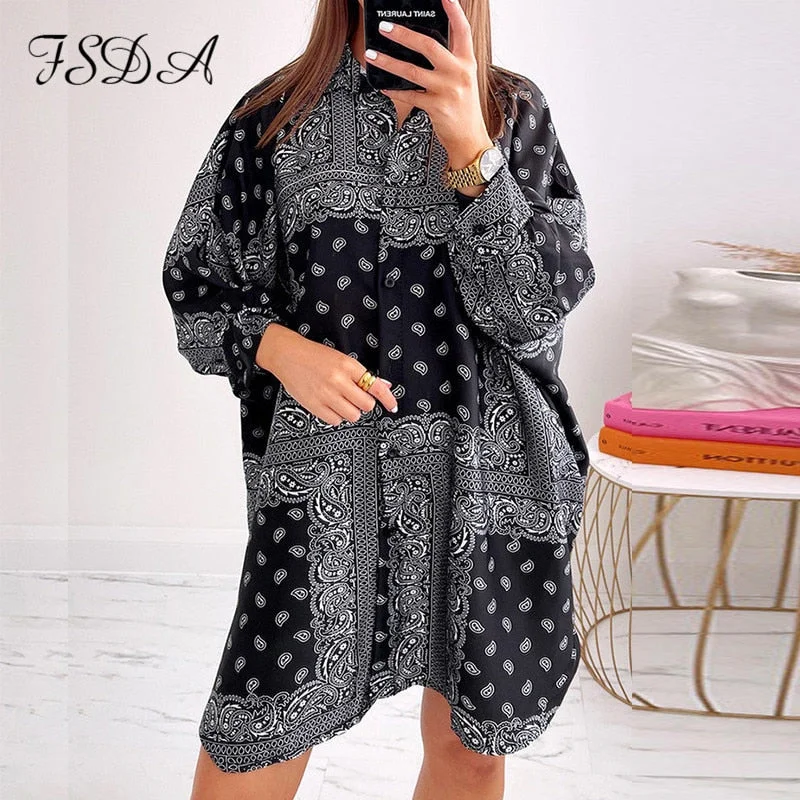 FSDA 2021 Long Sleeve Shirt Dress Print Women Blue Oversized Autumn Beach Sexy Loose Vintage Fashion Mini 90s Casual Dresses