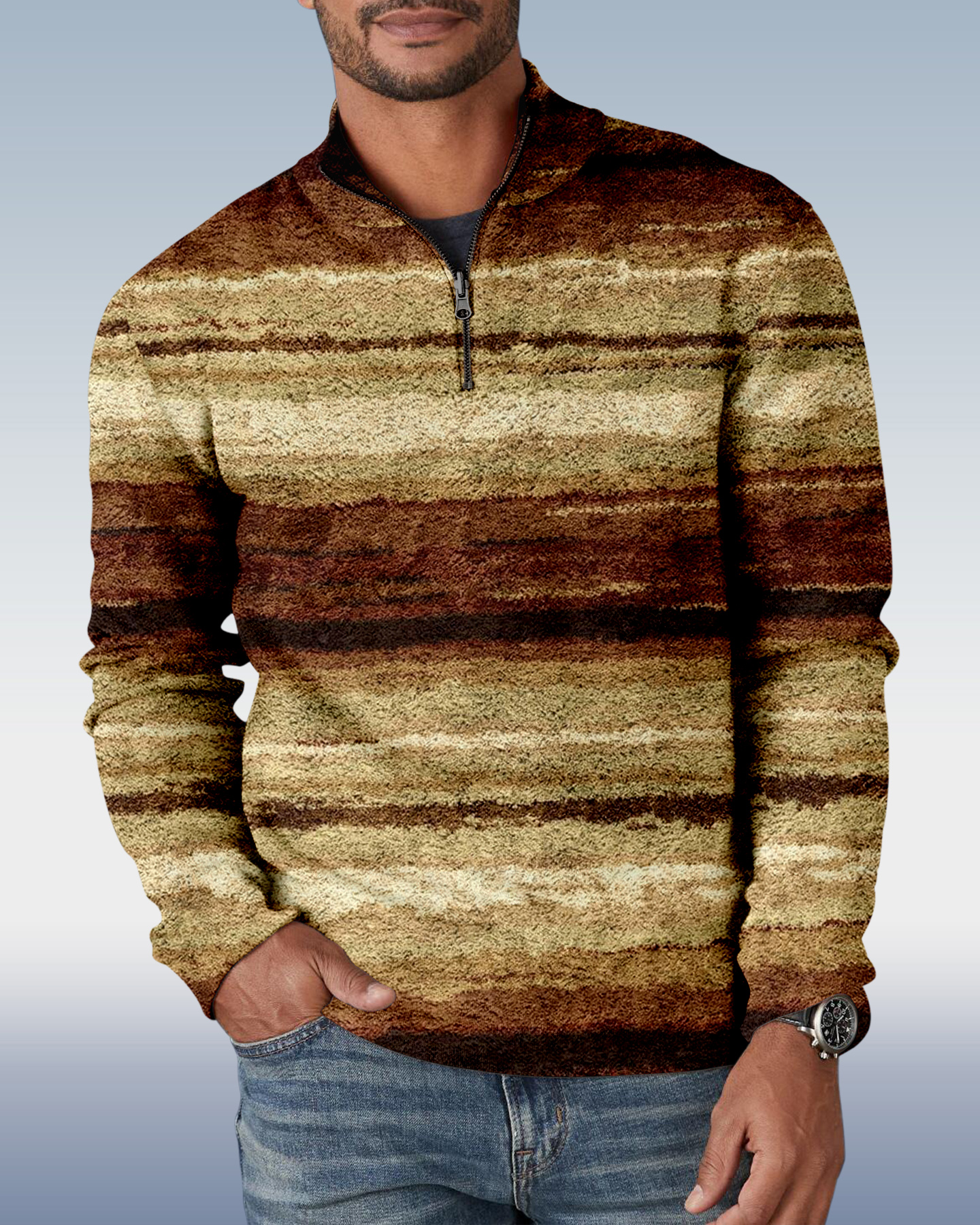 - Men's Stripe Art Zipper Hoodie 00482