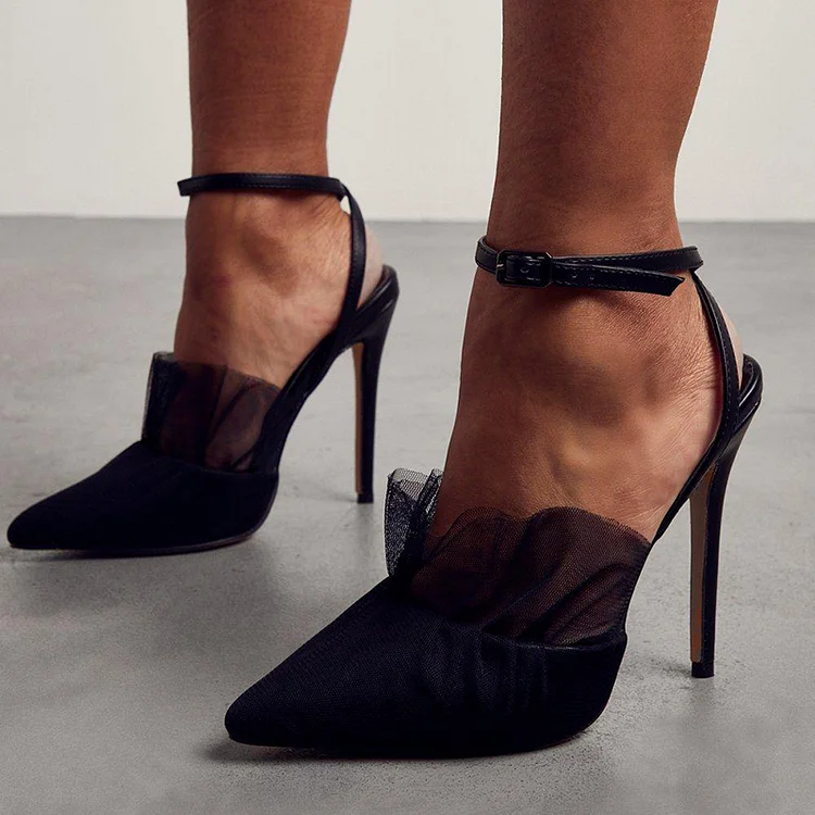 Black Sparkling Heels Pointed Toe Lace Shoes Ankle Strap Pumps |FSJ Shoes