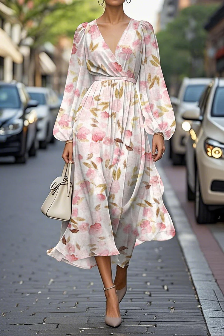 Elegant Floral Print Lantern Sleeve V-Neck A-Line Midi Chiffon Dress