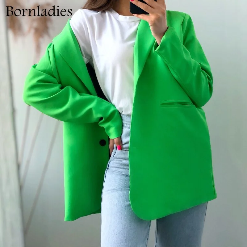 Boraladies Women Chic Oversized Green Blazer Spring Single Buttons Female Loose Suit Jacket Full Sleeve Y2K Outwear Blazer 2022