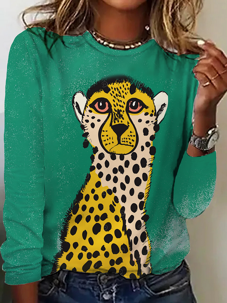 Women's Round Neck Green Cheetah Long Sleeve T-Shirt socialshop