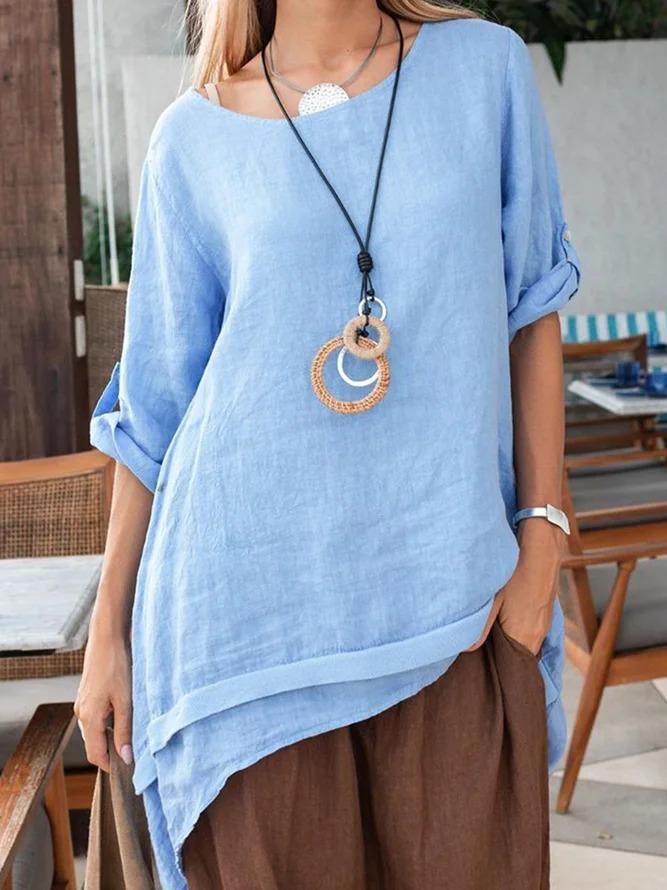 Blue Casual Linen Shirts & Tops