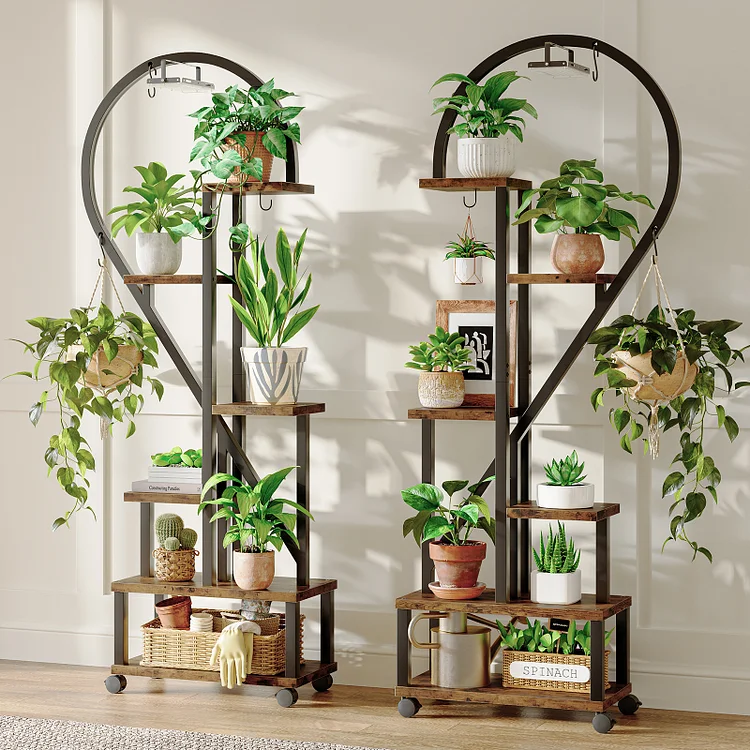 Bestier 65 inch Heart Shaped Plant Stand with Grow Lights & Wheels, 6-Tier Tall Metal Plant Shelf Display Shelf with Hanging Hooks for Indoor & Outdoor, Rustic
