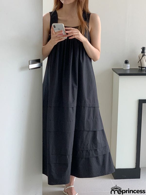 Loose Sleeveless Solid Color Square-Neck Midi Dresses