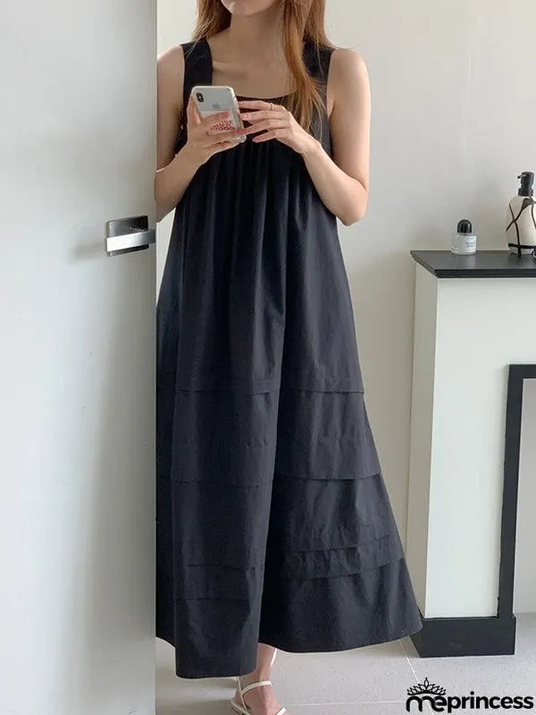 Loose Sleeveless Solid Color Square-Neck Midi Dresses